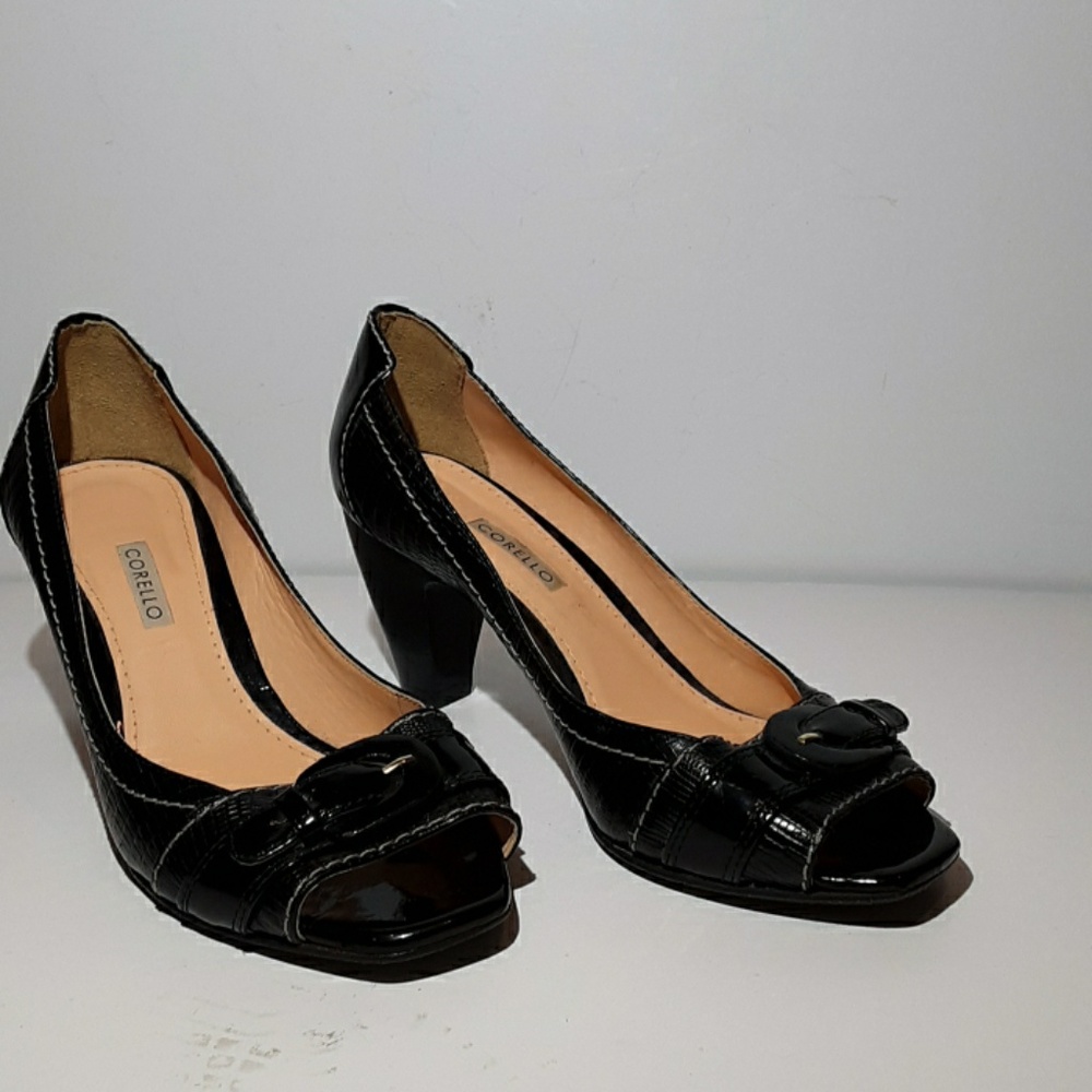 Corello black leather croco print heels
